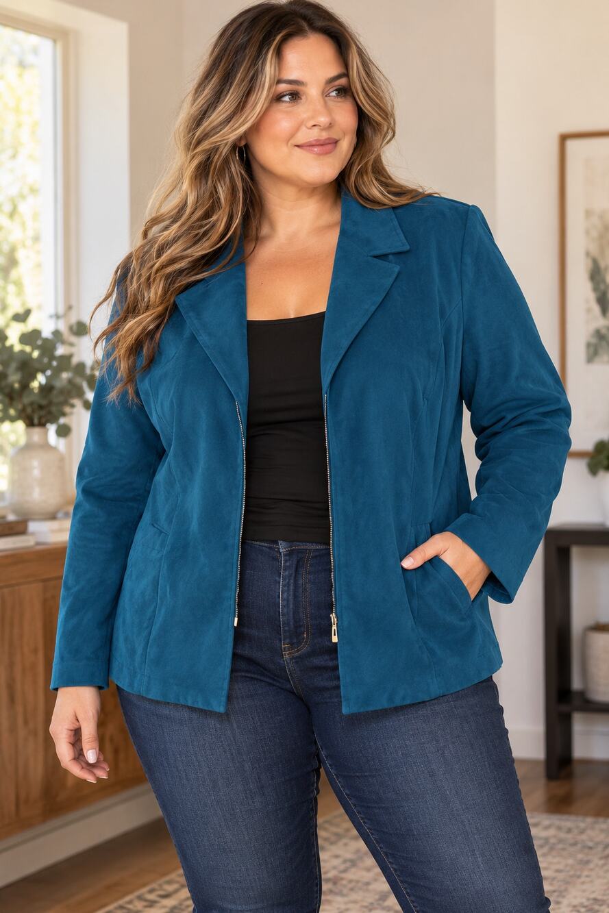 Plus Size Teal Faux Suede Blazer Jacket 16W Zip Front Jewel Tone Y2K Soft